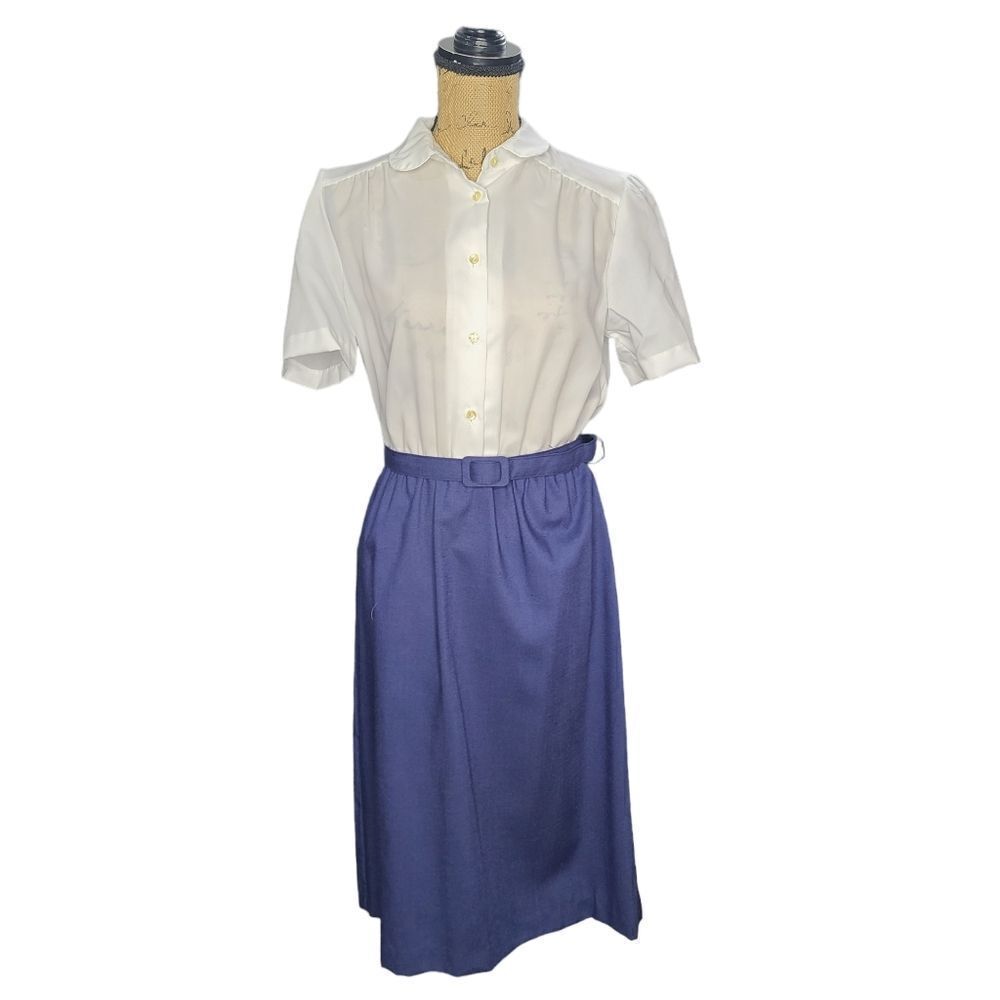 NWT Deadstock Vintage 60s White Navy Button Shirt Waist Beltrd Dress